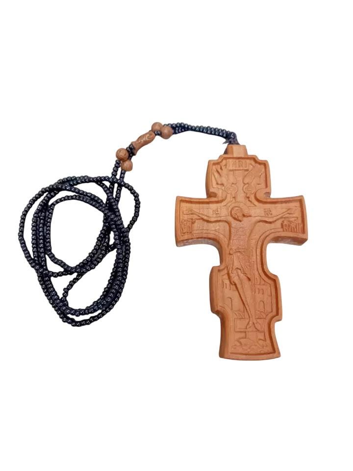 4" Natural Wood Carved Russian Orthodox Pectoral Cross with Beaded Chain 35"
