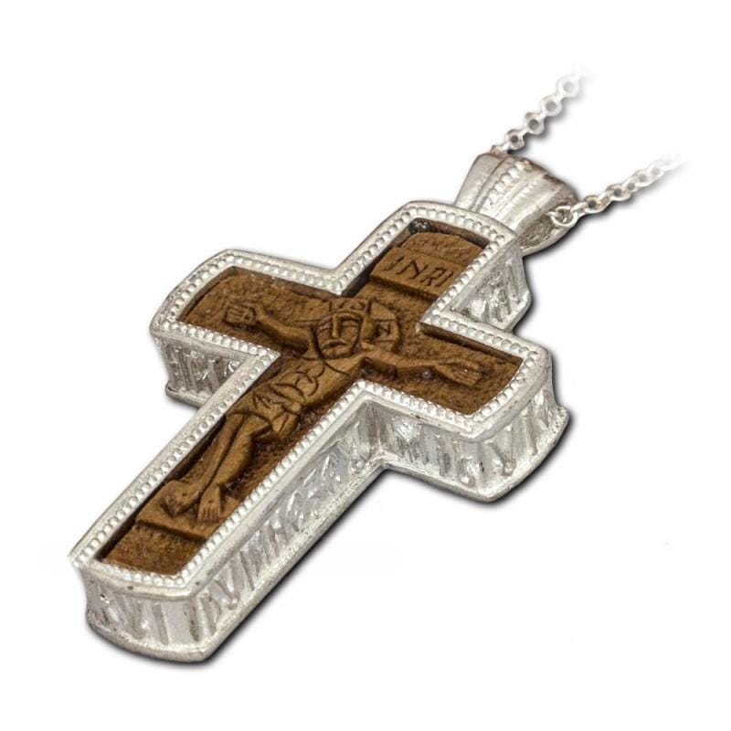 1 3/4” Sterling Silver 925 Hand-Carved Wooden Crucifix Greek Russian Chain Cross