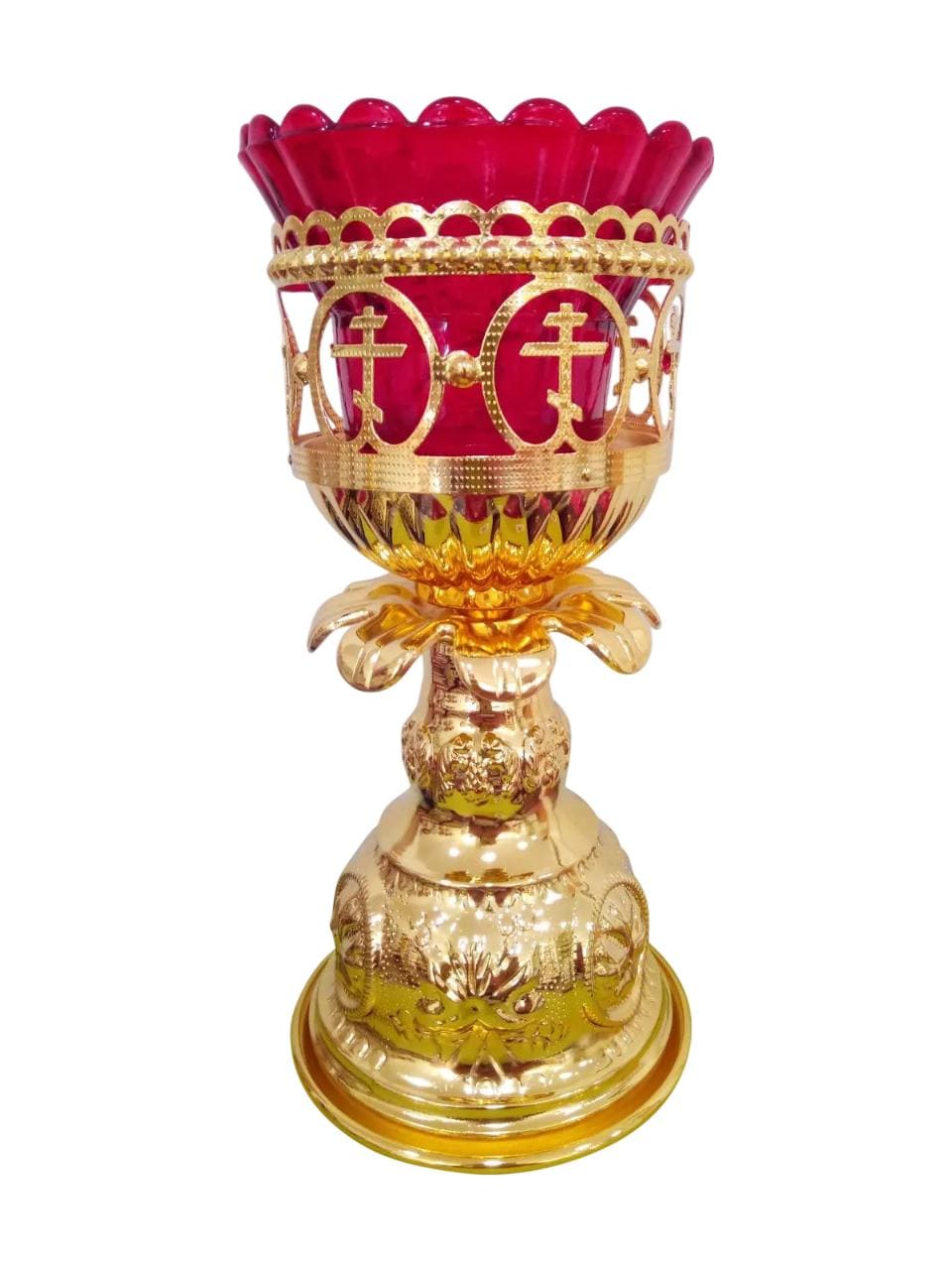 7 3/4" Greek Orthodox Russian Style Vigil Oil Lamp Church Chapel Prayer Corner Stand Alone Red Glass Cup Candle 19.5cm
