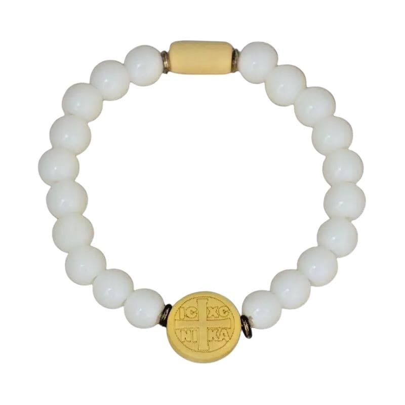 ICXC NIKA White Glass Pearls Wooden Cross Greek Byzantine Orthodox Prayer Rope Elastic Bracelet