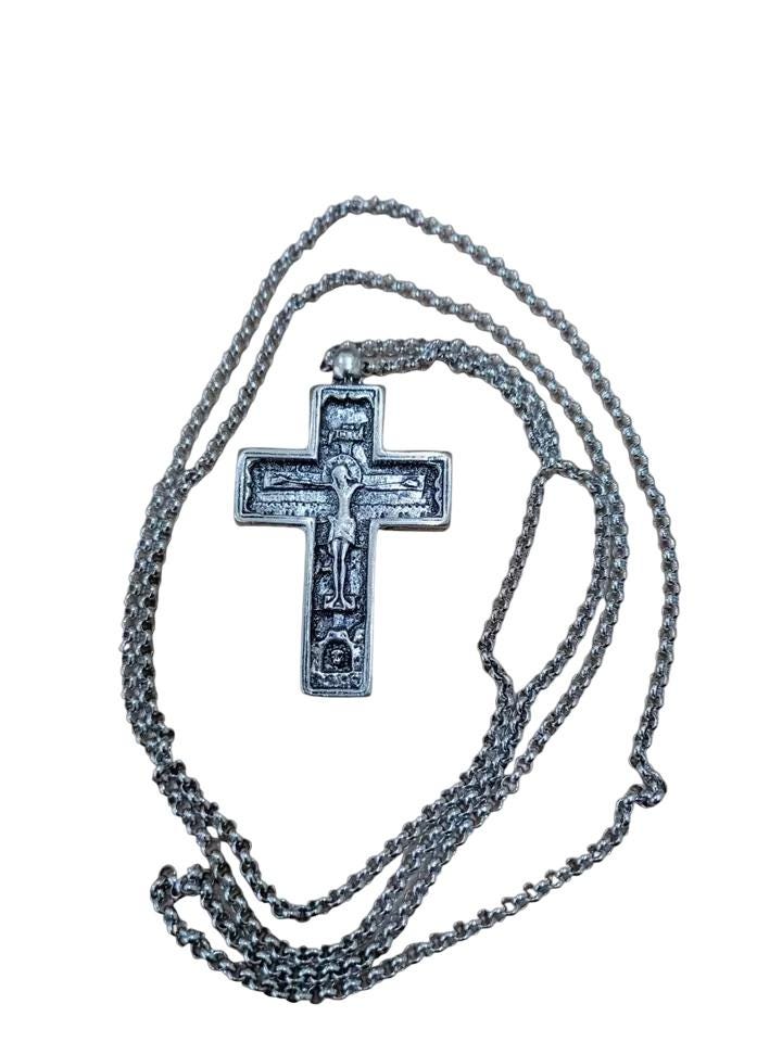 2 1/4" Mount Athos Design Silver Plated 2 Sides Greek Orthodox Pectoral Cross