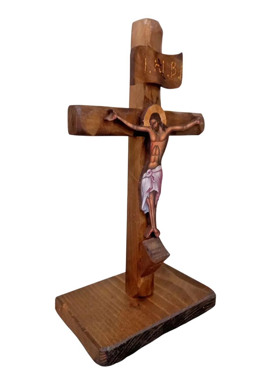 10" Standing Traditional Greek Orthodox Handmade Altar Prayer Corner Natural Wood Crucifix 25cm
