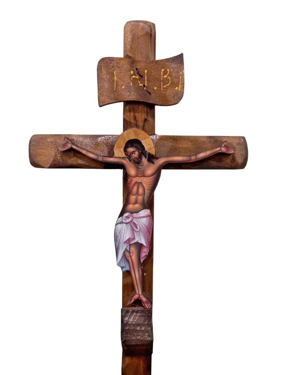 10" Standing Traditional Greek Orthodox Handmade Altar Prayer Corner Natural Wood Crucifix 25cm