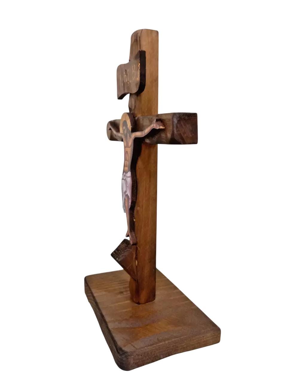10" Standing Traditional Greek Orthodox Handmade Altar Prayer Corner Natural Wood Crucifix 25cm