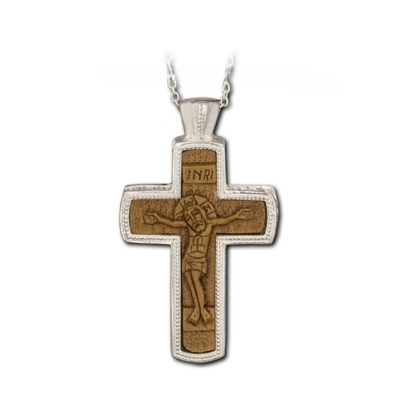1 3/4” Sterling Silver 925 Hand-Carved Wooden Crucifix Greek Russian Chain Cross