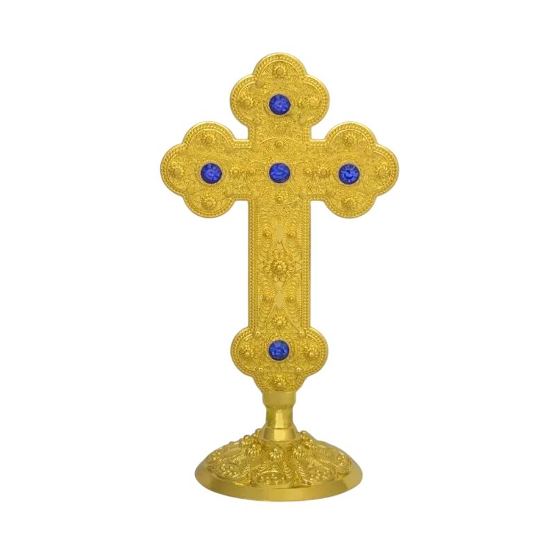 6 1/2" Engraved Gianniotiko Design Altar Stand Gold Plated Blessing Church Cross 16.5cm