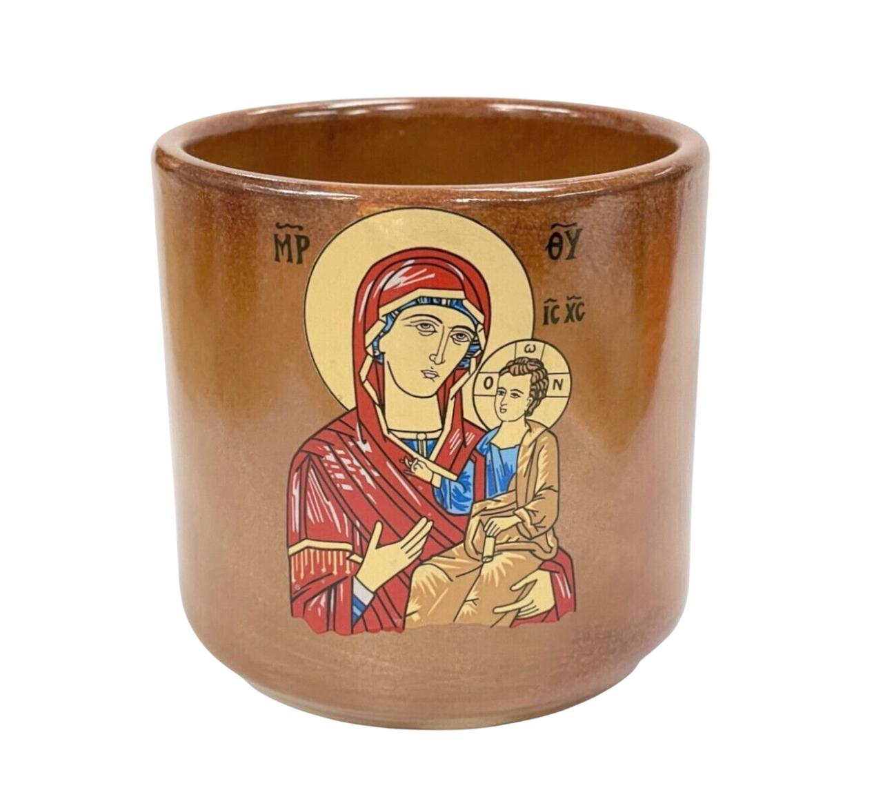 3 3/8" Greek Orthodox Handmade Ceramic Candle Cup Vigil Oil Lamp Glazed Virgin Mary Icon Coffee Mug 8.5cm