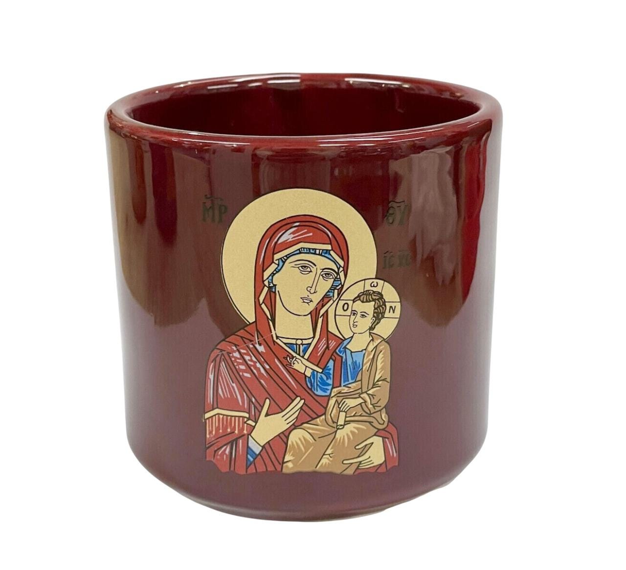 3 3/8" Greek Orthodox Handmade Ceramic Candle Cup Vigil Oil Lamp Glazed Virgin Mary Icon Coffee Mug 8.5cm