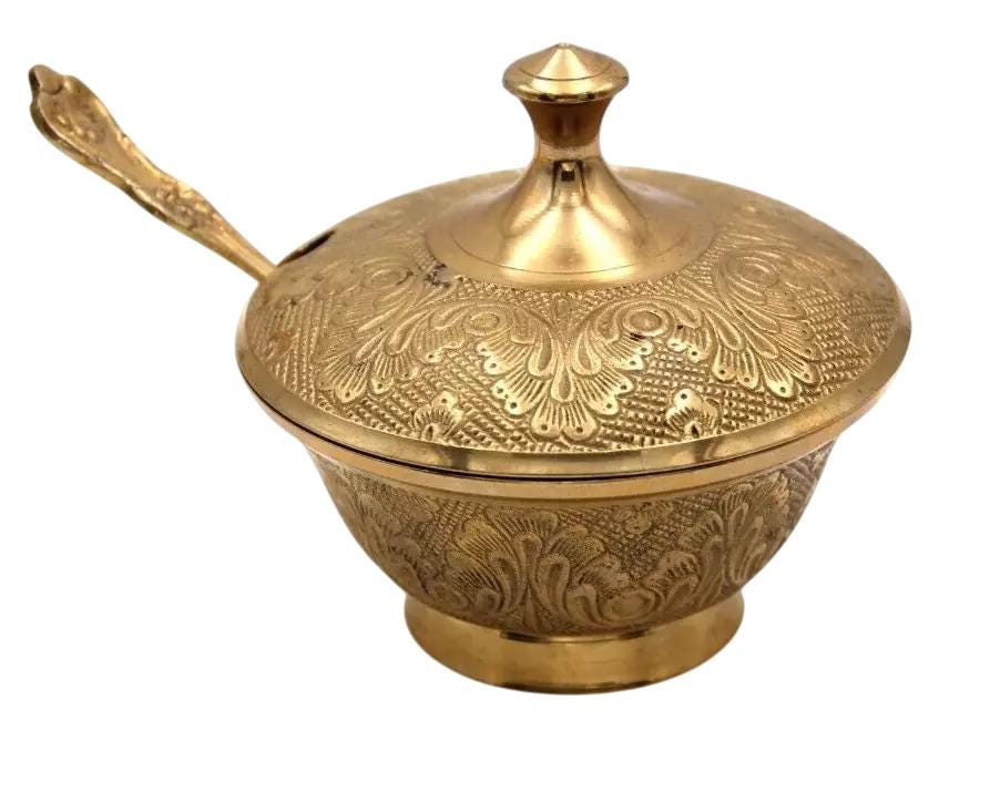 Traditional Engraved Boat with Spoon Incense Storage Case Bowl Brass Lid Censer