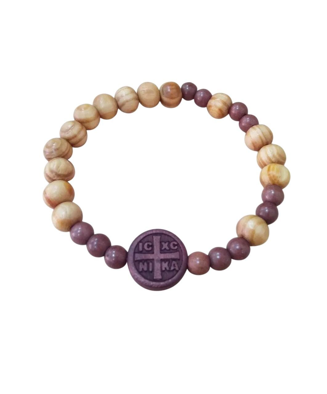 ICXC NIKA Wooden Beads Greek Byzantine Orthodox Prayer Rope Elastic Bracelet