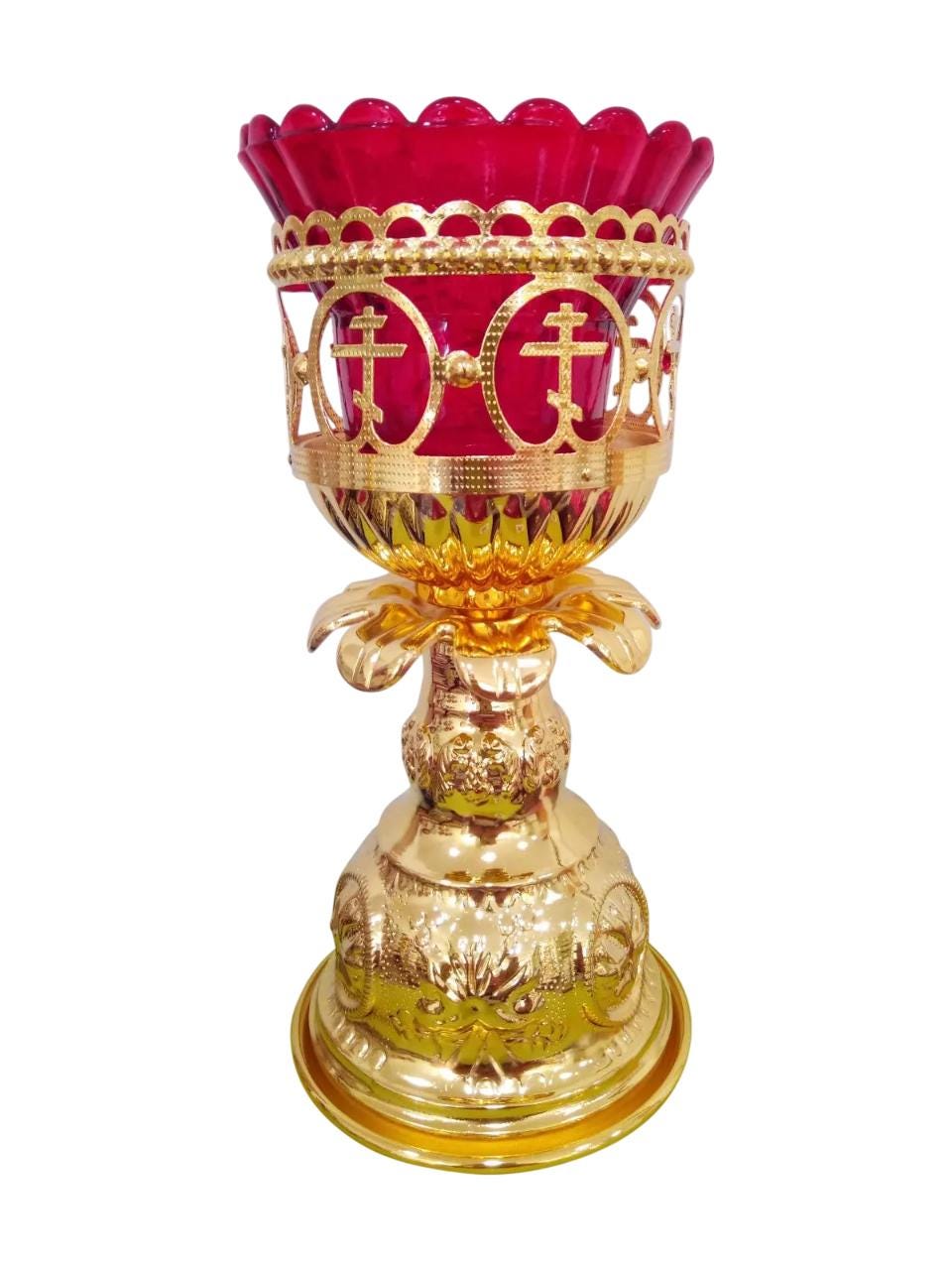 7 3/4" Greek Orthodox Russian Style Vigil Oil Lamp Church Chapel Prayer Corner Stand Alone Red Glass Cup Candle 19.5cm