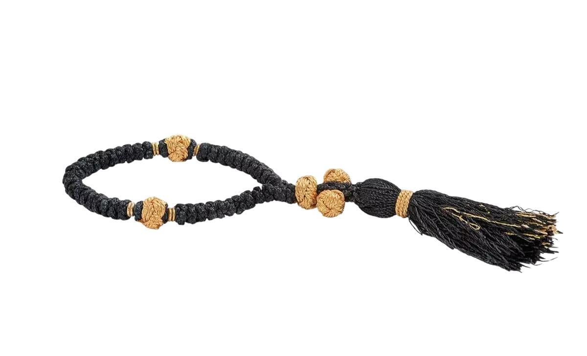 50 Knots Gold-emboidered Handmade Greek Orthodox Prayer-rope Rosary Chotki Black Gold