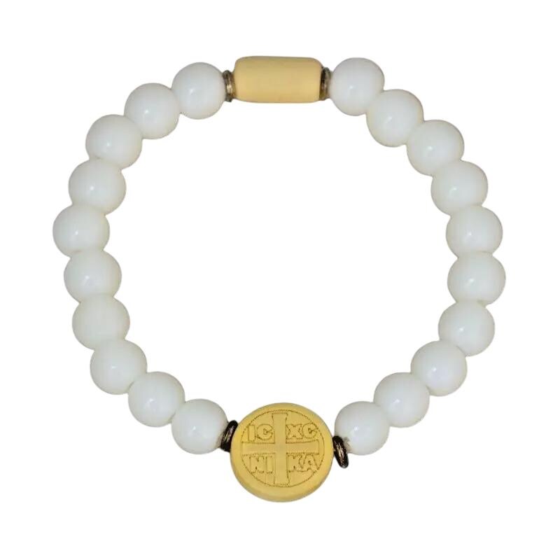 ICXC NIKA White Glass Pearls Wooden Cross Greek Byzantine Orthodox Prayer Rope Elastic Bracelet