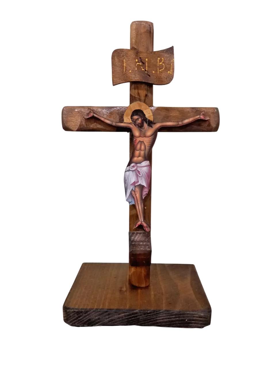 10" Standing Traditional Greek Orthodox Handmade Altar Prayer Corner Natural Wood Crucifix 25cm