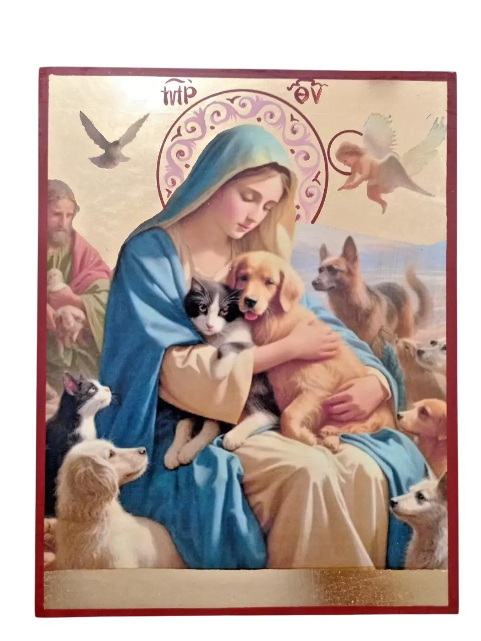 10 1/4" Rare Virgin Mary Animals of the Heaven Gold Leaf Icon 26cm