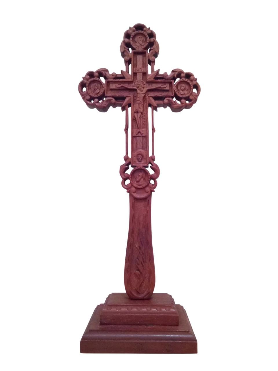 13" Carved Natural Wood Altar Cross Detached Stand Hand Blessing Cross 2 Sides 33.5cm