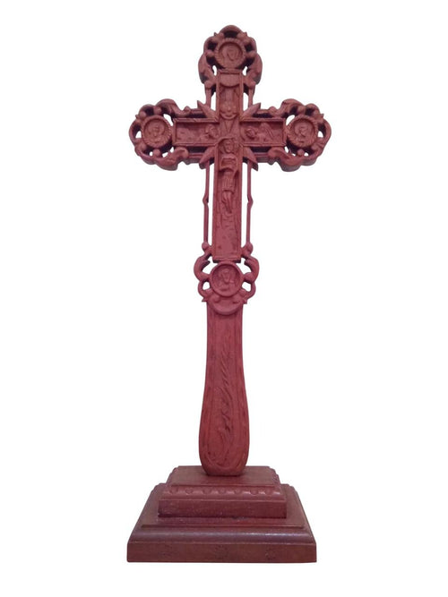 13" Carved Natural Wood Altar Cross Detached Stand Hand Blessing Cross 2 Sides 33.5cm