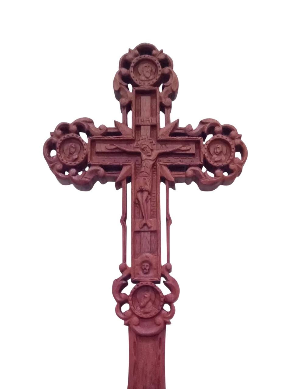 13" Carved Natural Wood Altar Cross Detached Stand Hand Blessing Cross 2 Sides 33.5cm