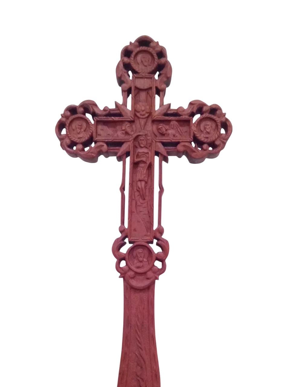 13" Carved Natural Wood Altar Cross Detached Stand Hand Blessing Cross 2 Sides 33.5cm