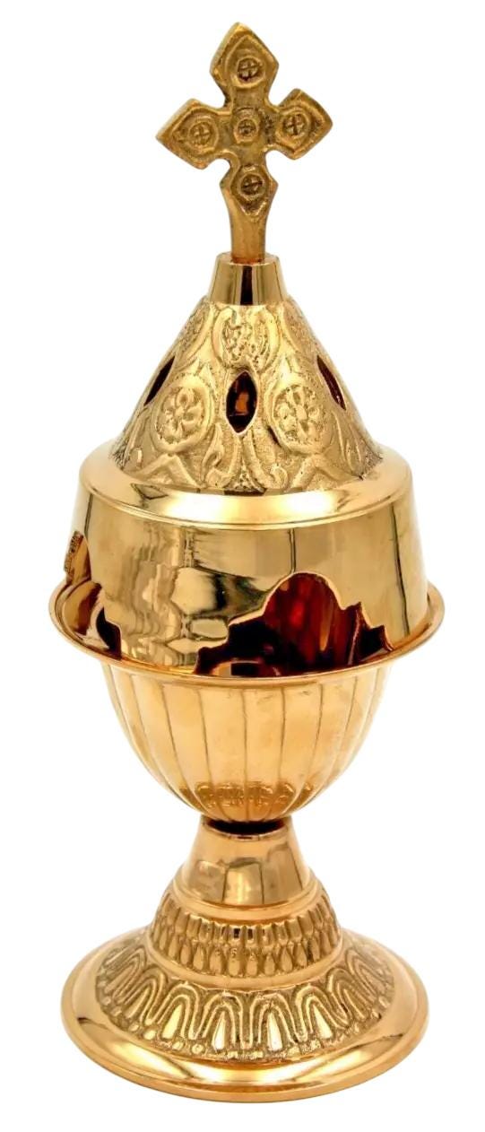 8 1/4" Handmade Greek Orthodox Standing Engraved Brass Vigil Oil Lamp with Lid