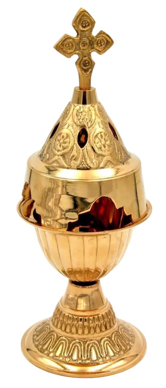 8 1/4" Handmade Greek Orthodox Standing Engraved Brass Vigil Oil Lamp with Lid