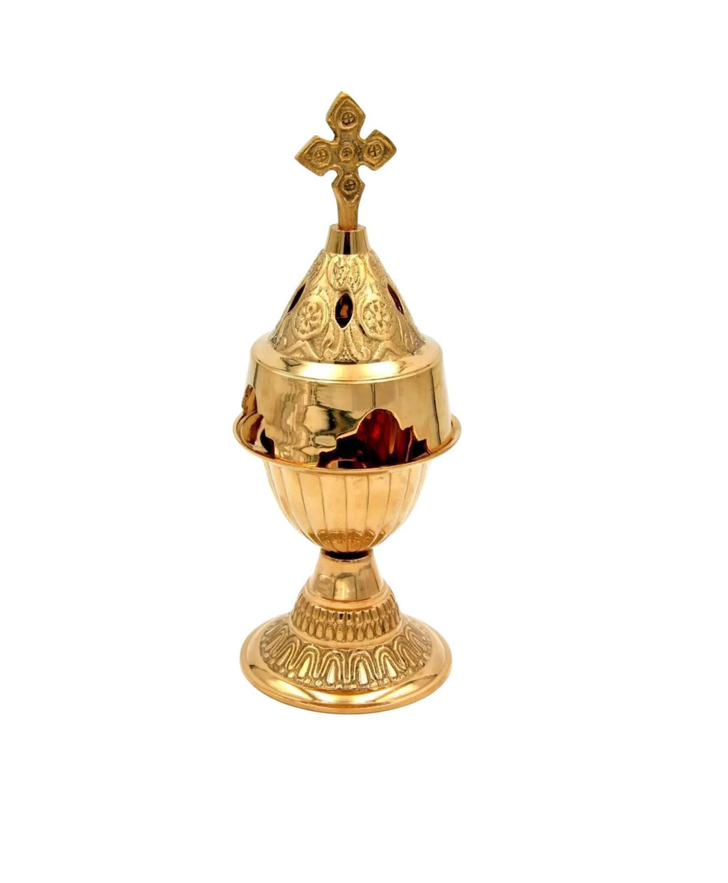 8 1/4" Handmade Greek Orthodox Standing Engraved Brass Vigil Oil Lamp with Lid