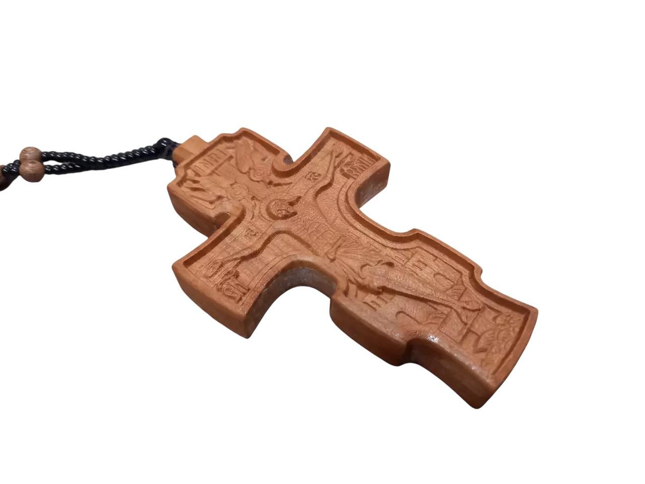 4" Natural Wood Carved Russian Orthodox Pectoral Cross with Beaded Chain 35"