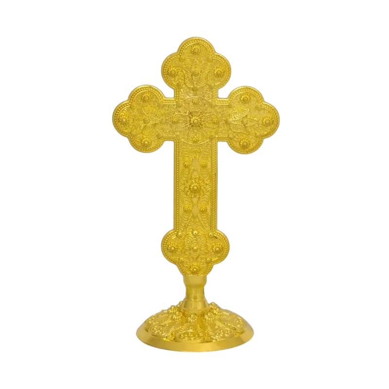 6 1/2" Engraved Gianniotiko Design Altar Stand Gold Plated Blessing Church Cross 16.5cm