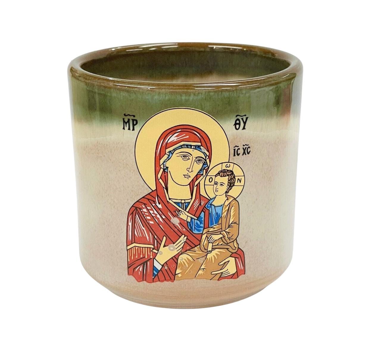 3 3/8" Greek Orthodox Handmade Ceramic Candle Cup Vigil Oil Lamp Glazed Virgin Mary Icon Coffee Mug 8.5cm