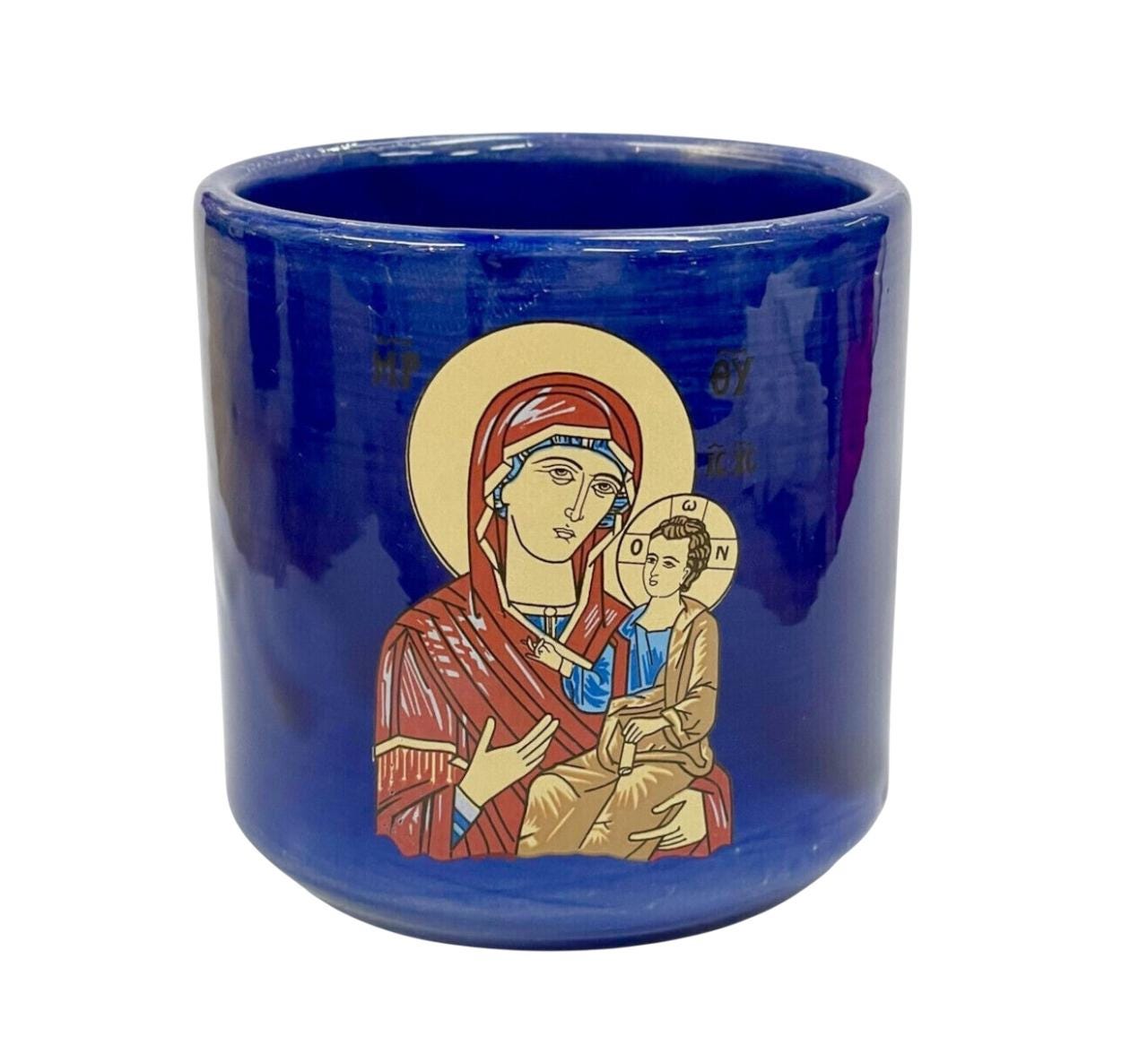 3 3/8" Greek Orthodox Handmade Ceramic Candle Cup Vigil Oil Lamp Glazed Virgin Mary Icon Coffee Mug 8.5cm