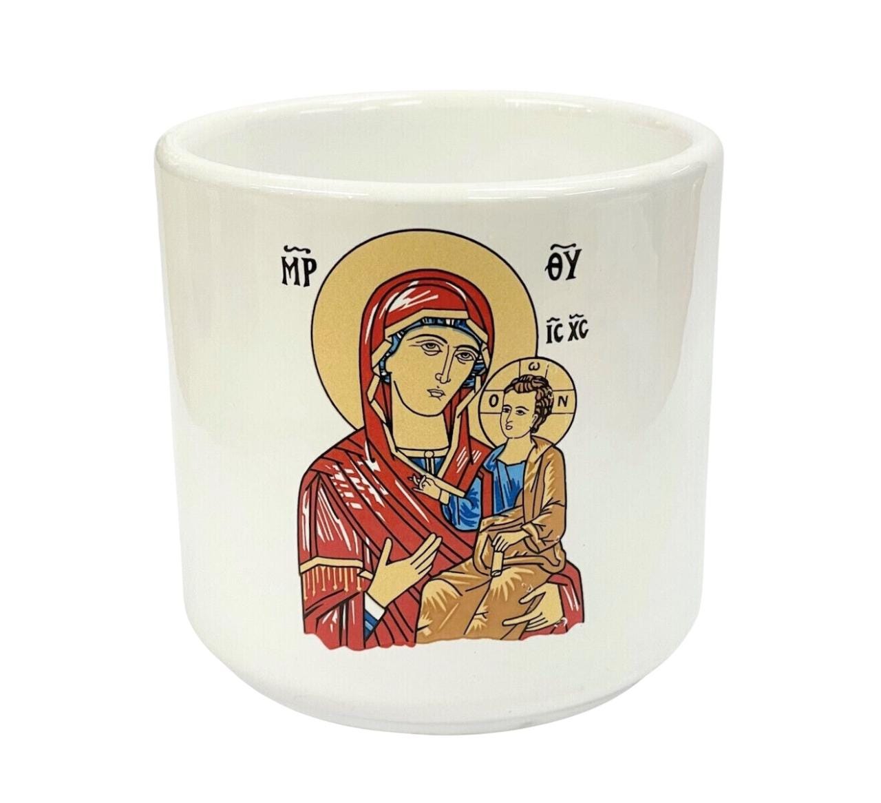 3 3/8" Greek Orthodox Handmade Ceramic Candle Cup Vigil Oil Lamp Glazed Virgin Mary Icon Coffee Mug 8.5cm