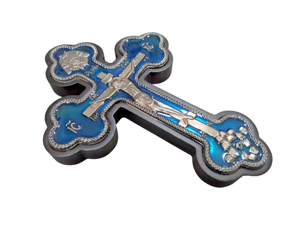 8" Blue Enamel Trilobe Greek Russian Orthodox Wall Mounted Crucifix Cross 20cm