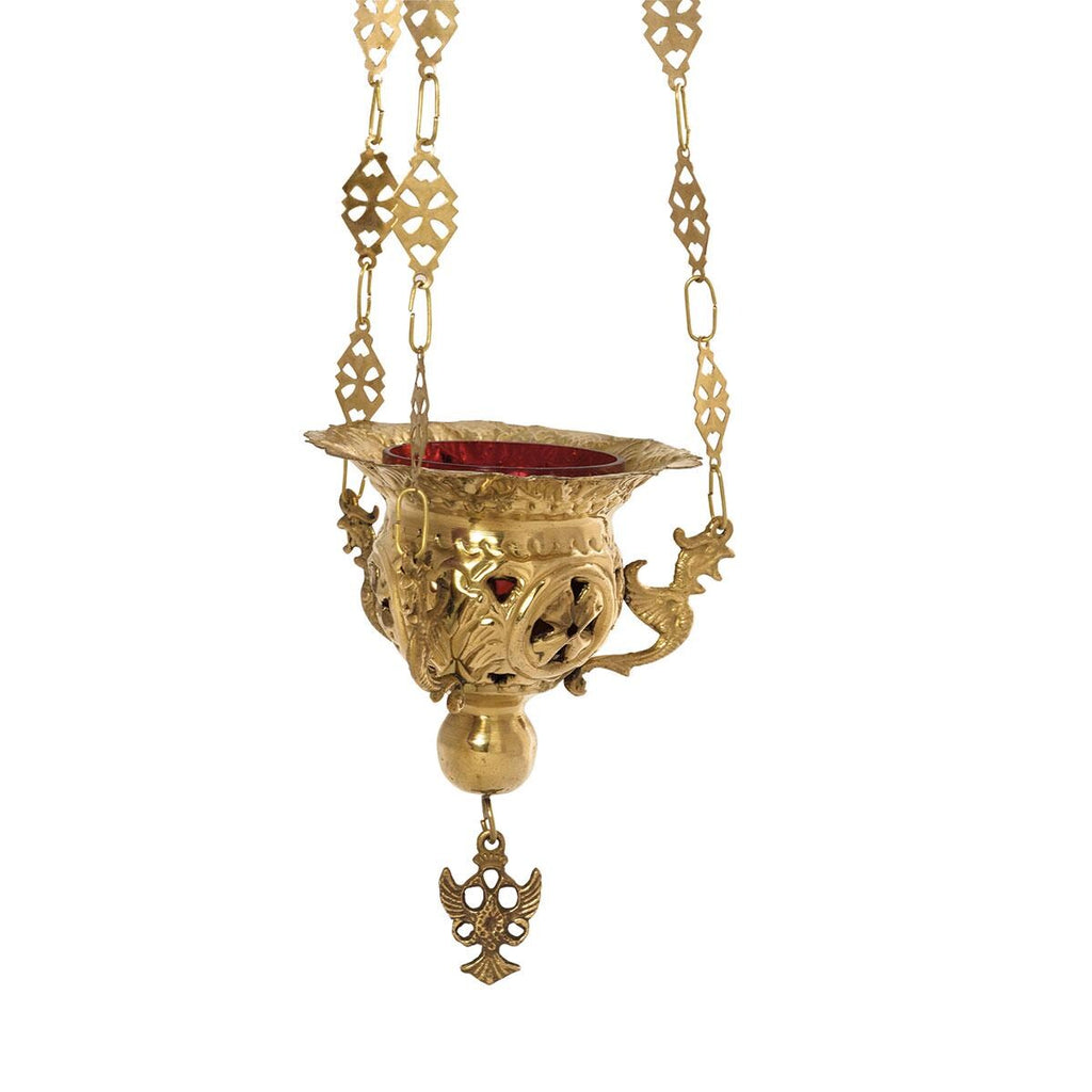 Greek Orthodox Hanging Vigil Oil Brass Burner Lamp Dragons Design Handmade Engraved Lantern
