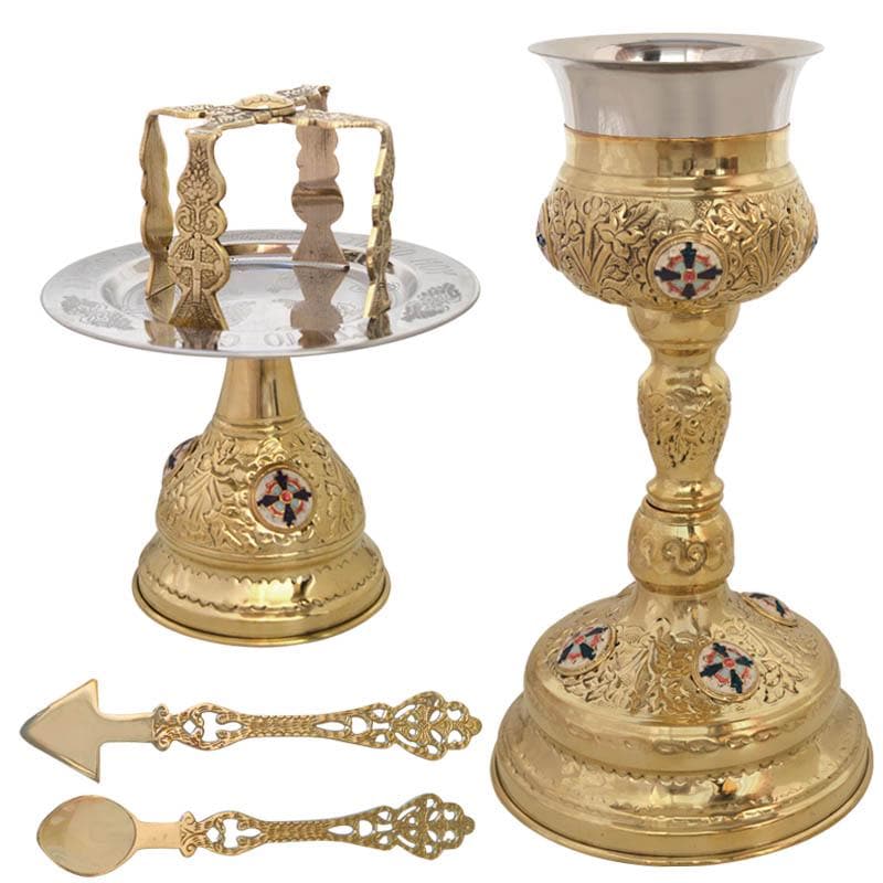 12 1/2" Greek Orthodox Engraved Enamel Decorated Chalice Set 32cm