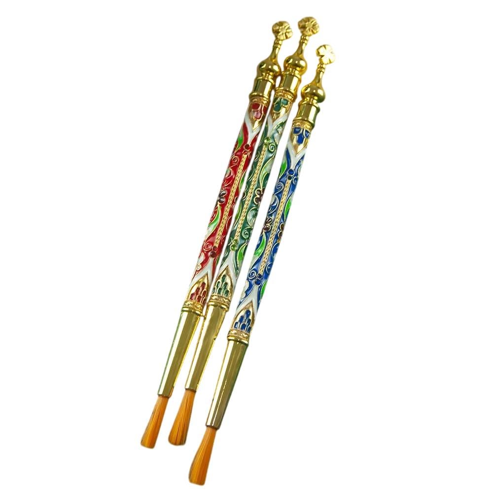 3 Pcs Set Gold Plated Colored Enamel Decorated Russian Style Orthodox Anointing Brush Holy Myrrh Oil Striuchtsa