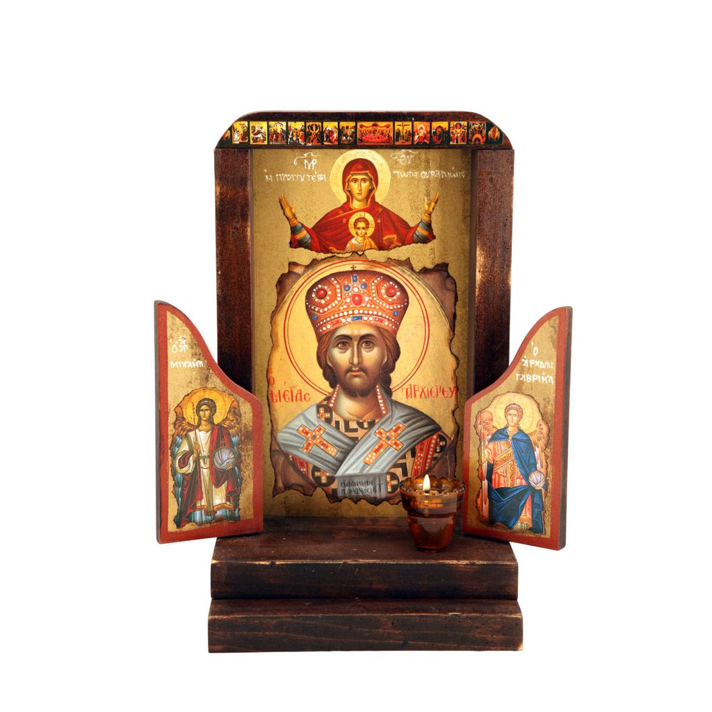 19 1/4" Hand Carved Traditional Greek Orthodox Iconostasis Shrine Jesus with Theotokos & Archangels Standing Wooden Icons 49cm