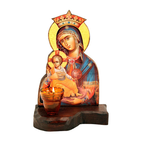 11 3/4" Virgin Mary Theotokos Holding Baby Jesus Stand Alone Vigil Oil Lamp Natural Wood Greek Orthodox Handcarved Iconostasis 30cm