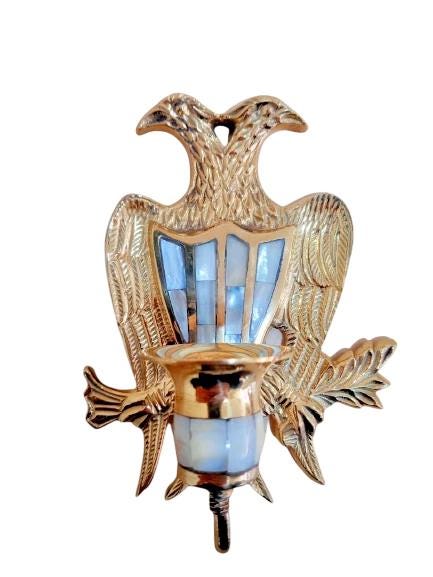 6.5" Byzantine Two-Headed Eagle Mother of Pearl Brass Wall Candlestick Holder 16cm