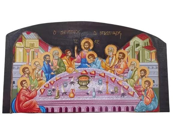 18 1/2" Greek Orthodox Traditional Byzantine The Last Supper Jesus & the Disciples Carved Handmade Wooden Icon 47cm