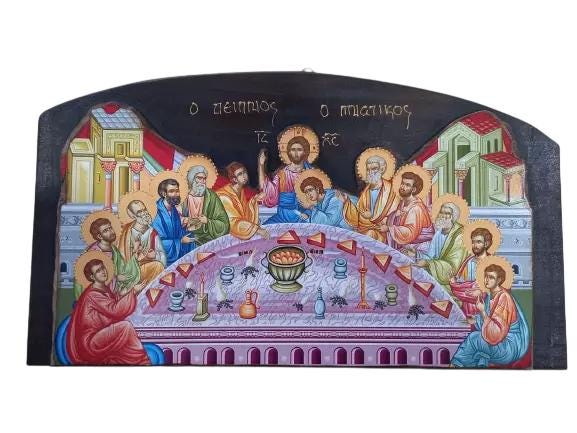18 1/2" Greek Orthodox Traditional Byzantine The Last Supper Jesus & the Disciples Carved Handmade Wooden Icon 47cm