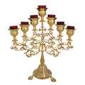 27" Greek Orthodox Engraved Brass Design Large 7 Oil Lamps Altar Church Cross Design Red Glass Votive Standing Candelabra 68cm
