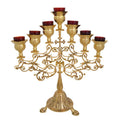 27" Greek Orthodox Engraved Brass Design Large 7 Oil Lamps Altar Church Cross Design Red Glass Votive Standing Candelabra 68cm