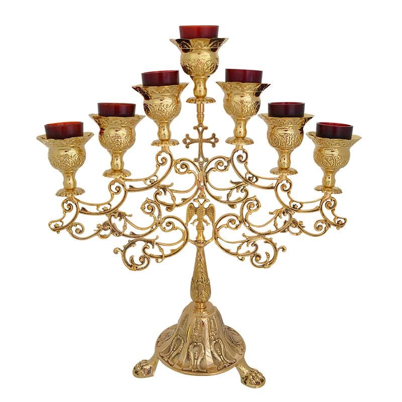 27" Greek Orthodox Engraved Brass Design Large 7 Oil Lamps Altar Church Cross Design Red Glass Votive Standing Candelabra 68cm