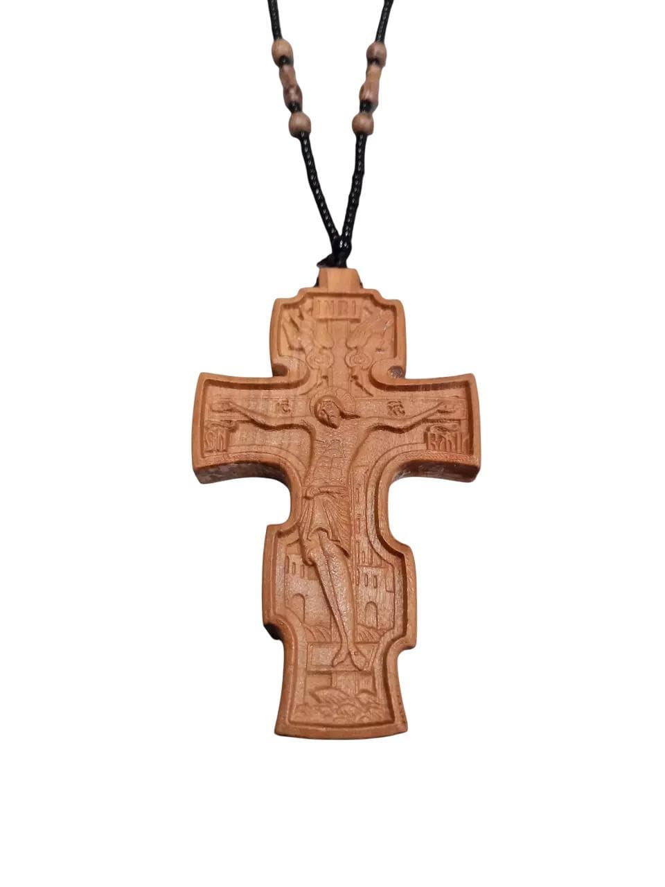 4" Natural Wood Carved Russian Orthodox Pectoral Cross with Beaded Chain 35"