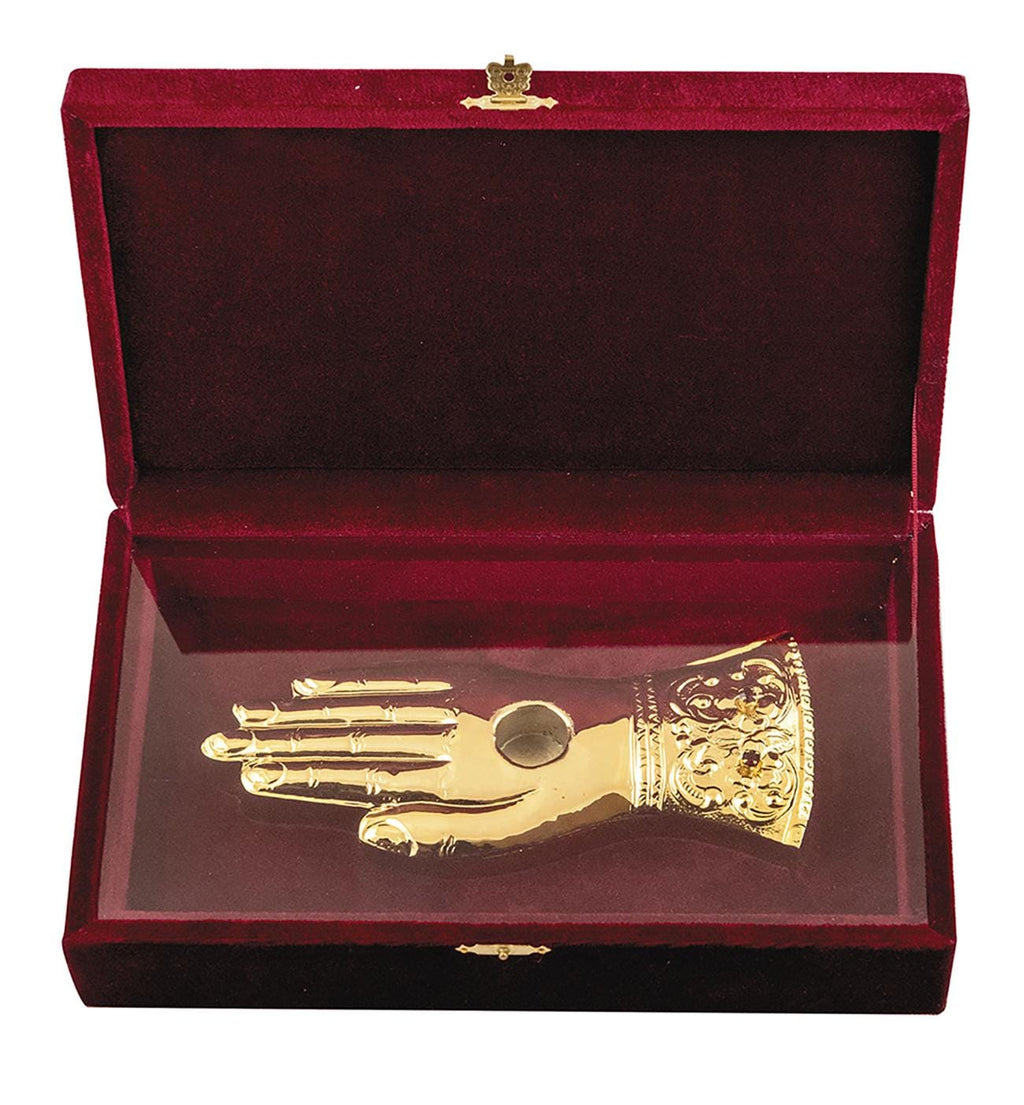 9" Gold Plated Hand Relic Case Box Church Altar Sanctified Objects Safe Storage Hand Engraved Shape Greek Orthodox Reliquary 23cm
