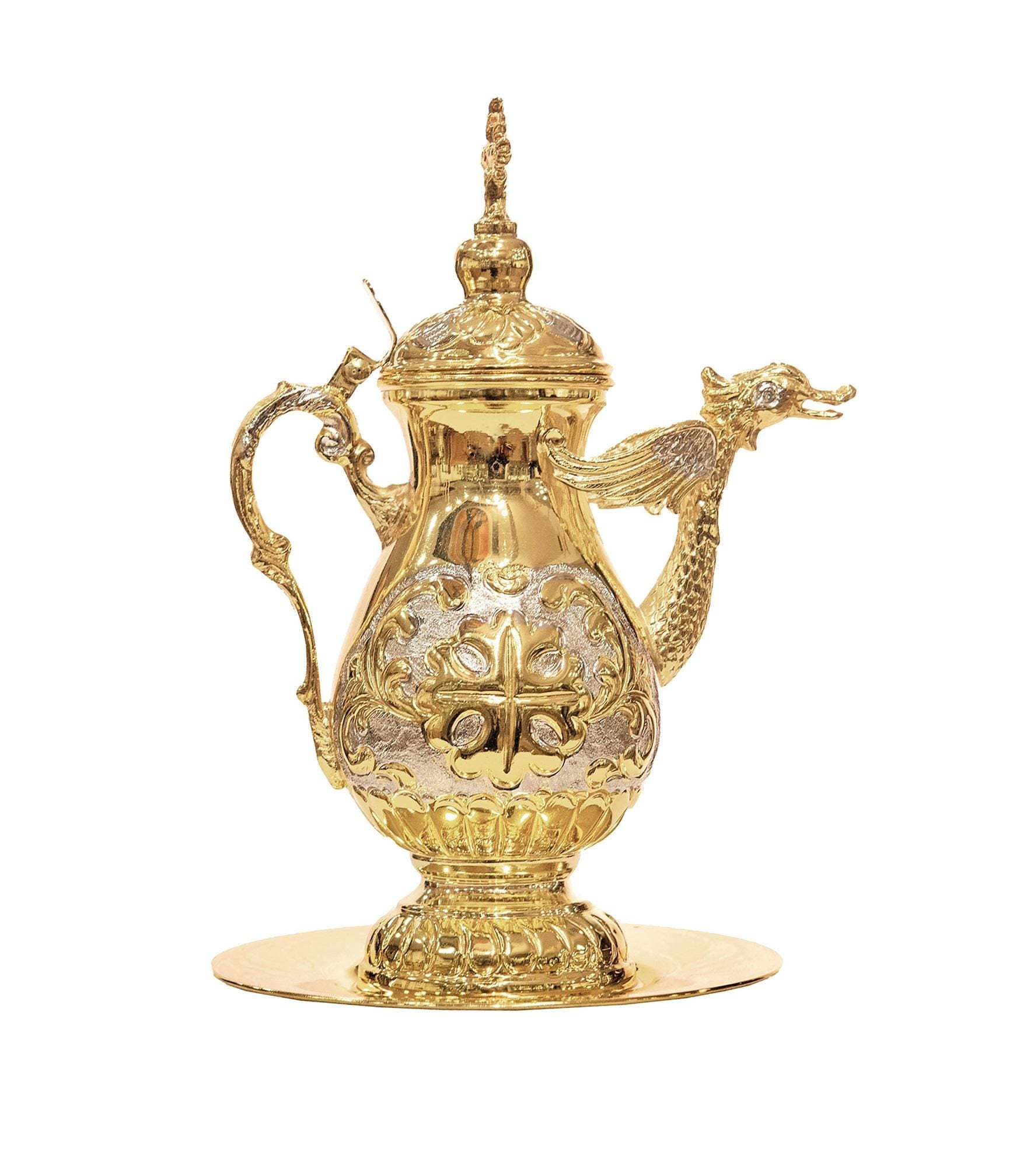 Greek Orthodox Gold Plated Brass Church Altar Zeon Jug & Plate for the Holy Communion Complete Set Top Quality