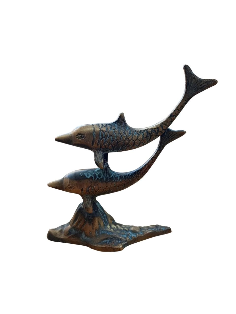 5 1/2" Vintage Dolphins Design Brass Figurine Nautical Beach Decor Art Statue 14cm