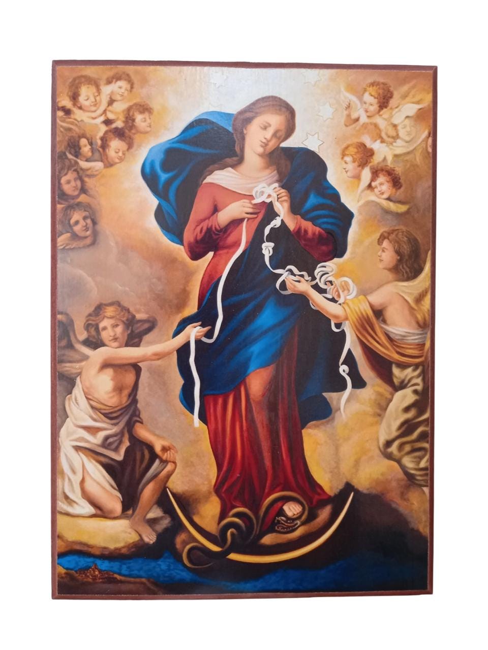 10" Our Lady Undoer of Knots Novena Day 5 Roman Catholic Natural Thick Wood Icon  25.5cm
