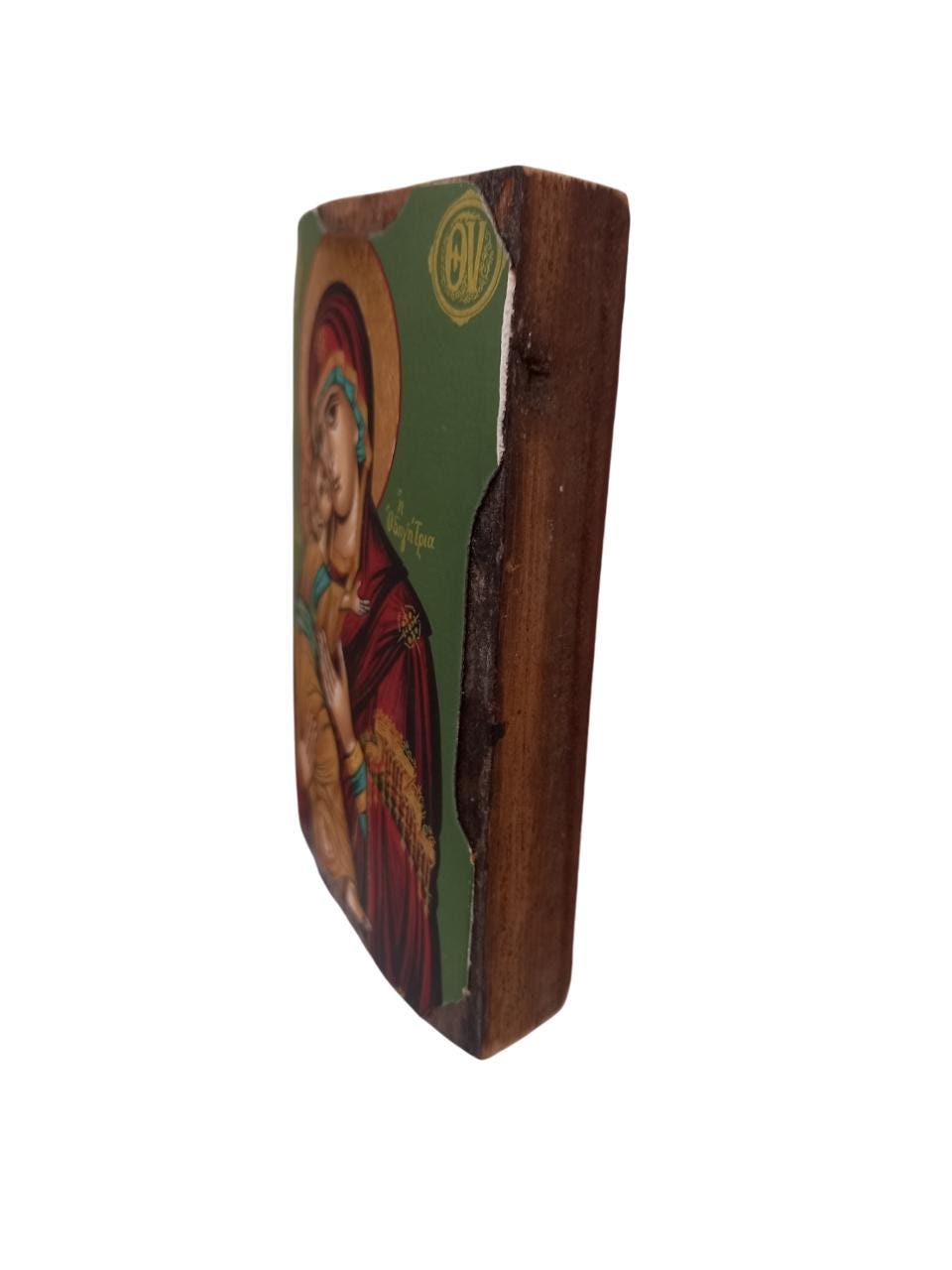 4 3/4" Handmade Greek Orthodox Theotokos the Sweekissing Virgin Mary Canvas on Natural Wood Gold Leafing Icon 12cm