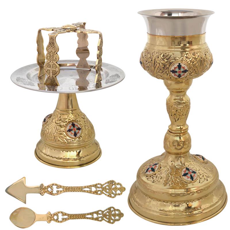 12 1/2" Greek Orthodox Engraved Enamel Decorated Chalice Set 32cm